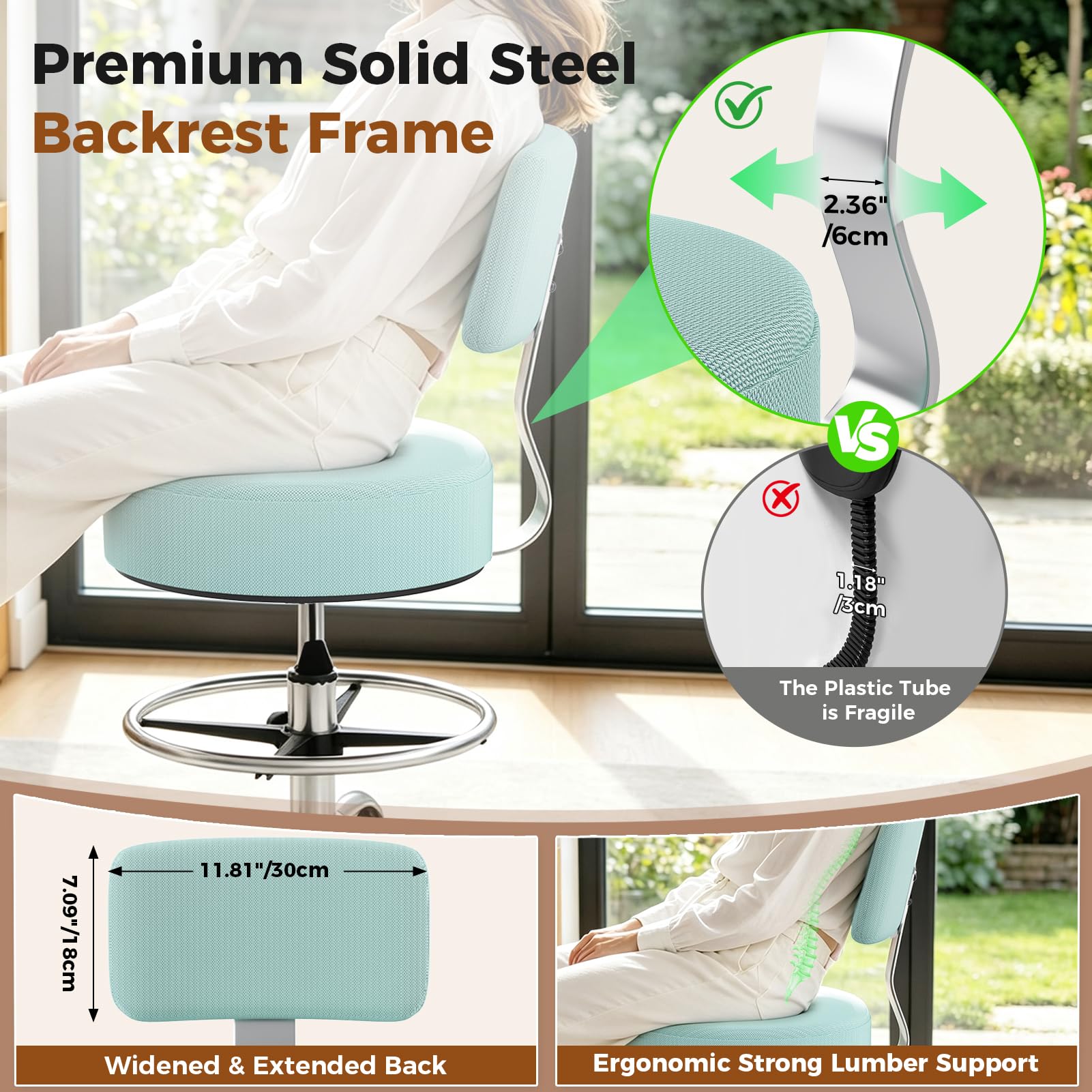 Office Drafting Chair with Footrest, Tall Height Adjustable Stool with Back Support, Heavy Duty Rolling Stool Chair with Wheels for Office Home