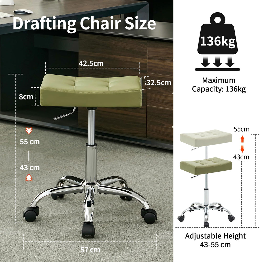Firavoe Adjustable Work Stool with Wheels (300lbs Capacity) (saddle Shaped Seat) Faux Leather Workbench Stool (green), 1PCS(17’’-21’’)