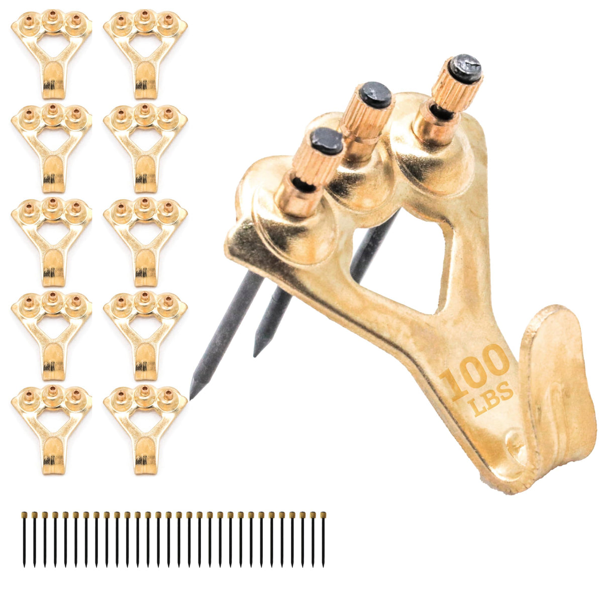 PHS 100 lb Picture Hanging Hooks – Heavy Duty Picture Hangers, 10 Pack Frame Hangers with Nails, Mirror Hanging Kit, Heavy Mirror Mounting Hardware for Drywall and Plaster