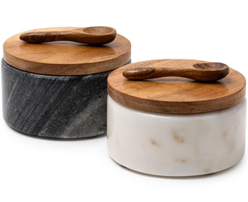 Cork & Mill Marble Salt and Pepper Bowls with Lids and Spoons, Set of 2