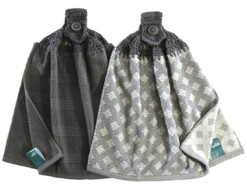 Set of 2 Gray Doubled Layer Design Hanging Kitchen Towels with Gray Cotton Crochet Top
