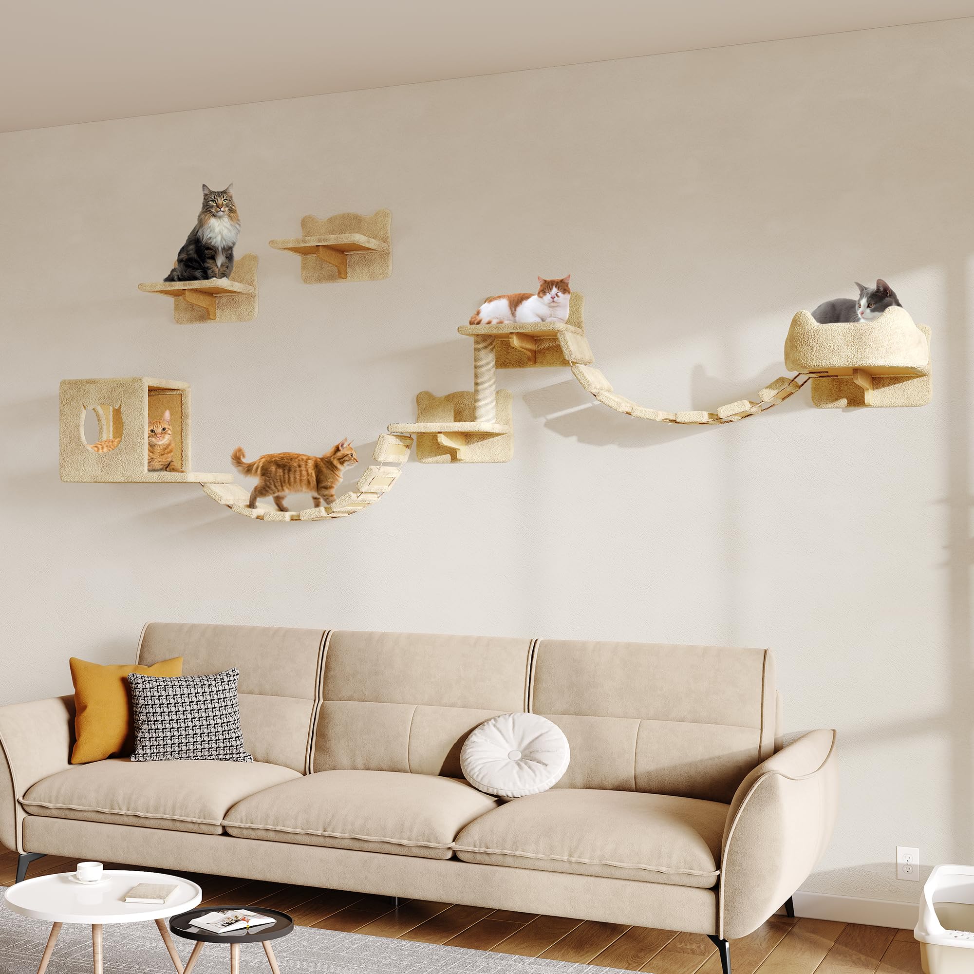 9-in-1 Cat Wall Shelves, Stable & Safe Wall Mounted Cats Shelf Furniture Set with Plush Fabric, Wooden Cat Climbing Wall Systems with Scratching Post, Bridge Ladder, Floor Space-Saving, Beige