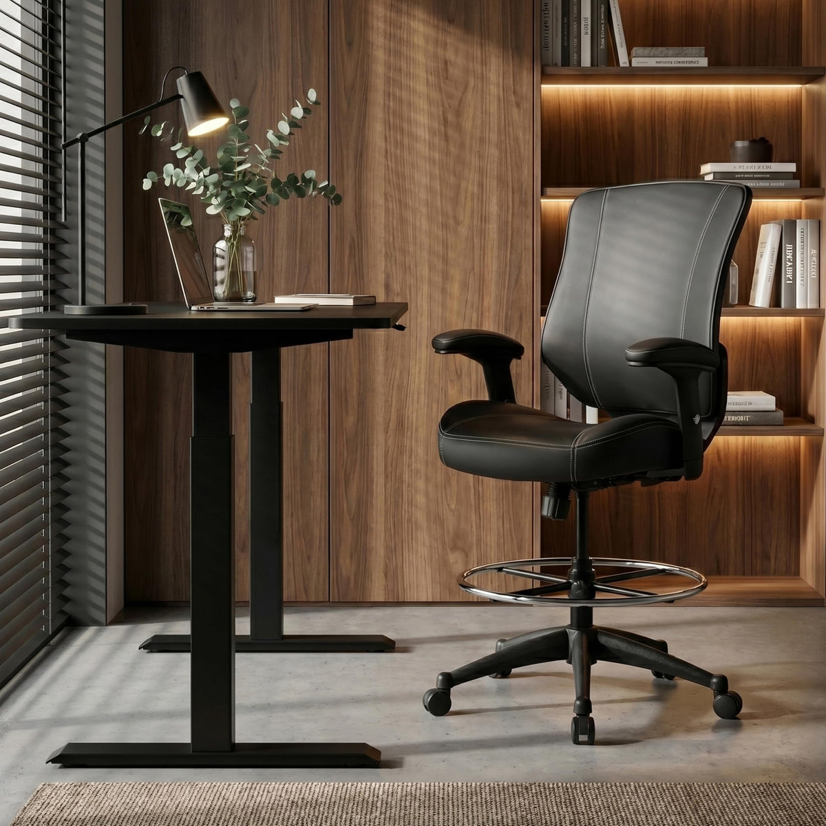 Boliss 400lbs Ergonomic Drafting Chair Mid Back Premium Leather, Black Leather