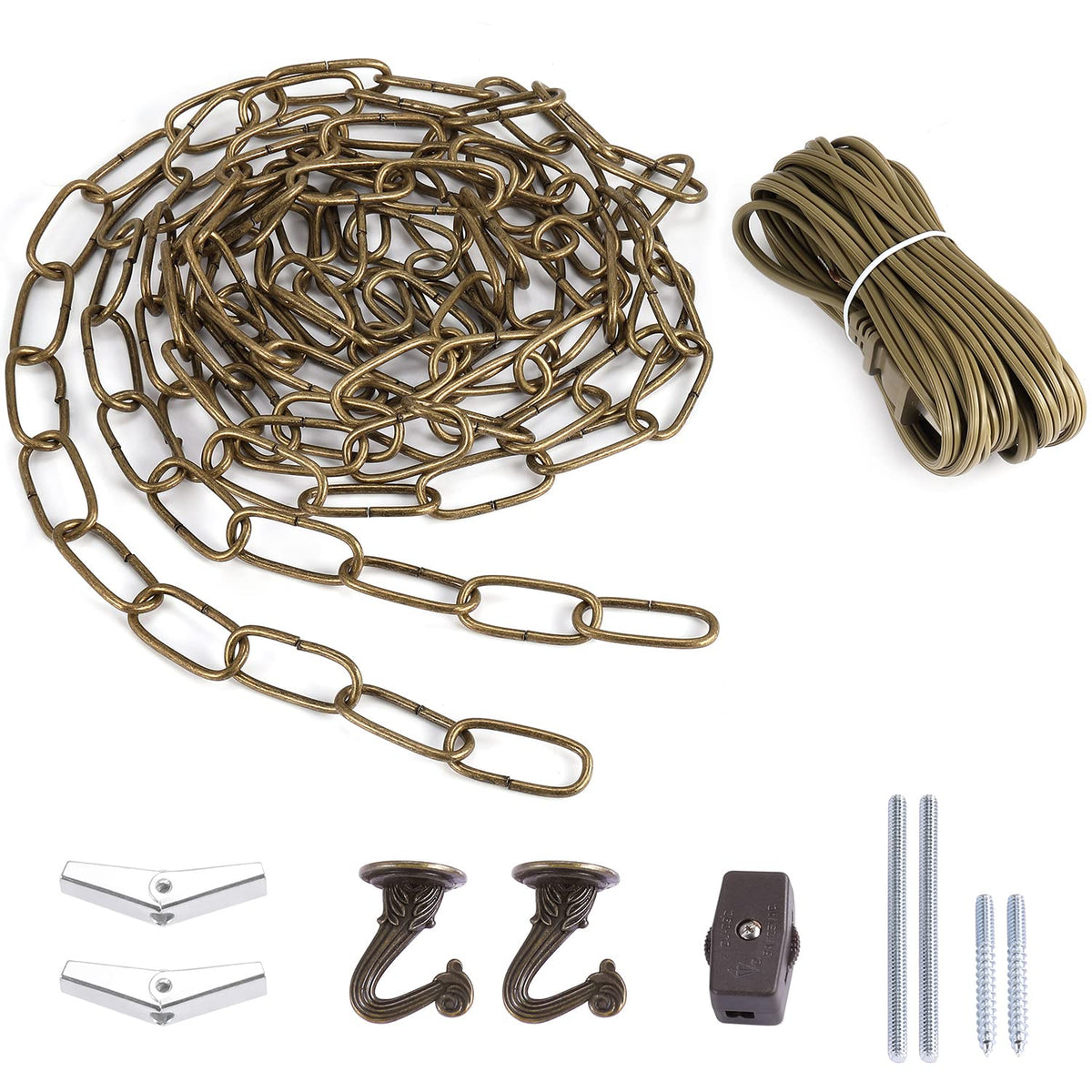 Canomo Swag Light Kit with 12 Feet Chandelier Chain and 15 Feet Light Cord, Instructions Included for Chandelier, Pendant Light and Ceiling Fan Light, Antique Brass