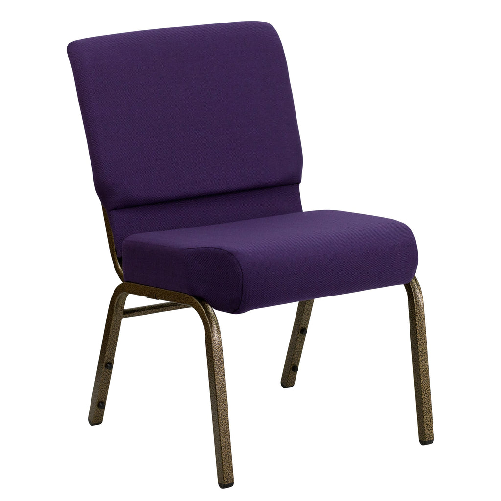 Emma + Oliver Royal Purple Fabric 21" W Stacking Church Chair, 21.25"W x 25"D x 33"H, Royal Purple Fabric/gold Vein Frame