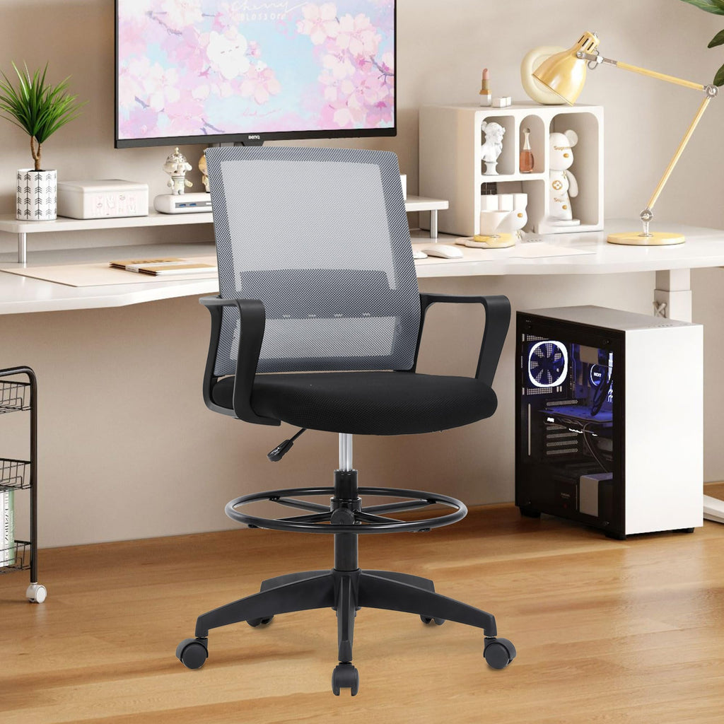 Bestoffice Drafting Chair Tall Office Chair Adjustable Swivel Rolling Mesh Height with Lumbar Support Arms Footrest Mid Back for Adults