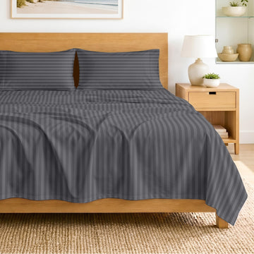 SGI bedding 100% Egyptian Cotton Sheets Twin XL Size – 600 Thread Count Sheets Set, Soft, Cooling, 15" Deep Pocket, Luxury Hotel Bedding, Breathable, Durable - Dark Grey Stripe