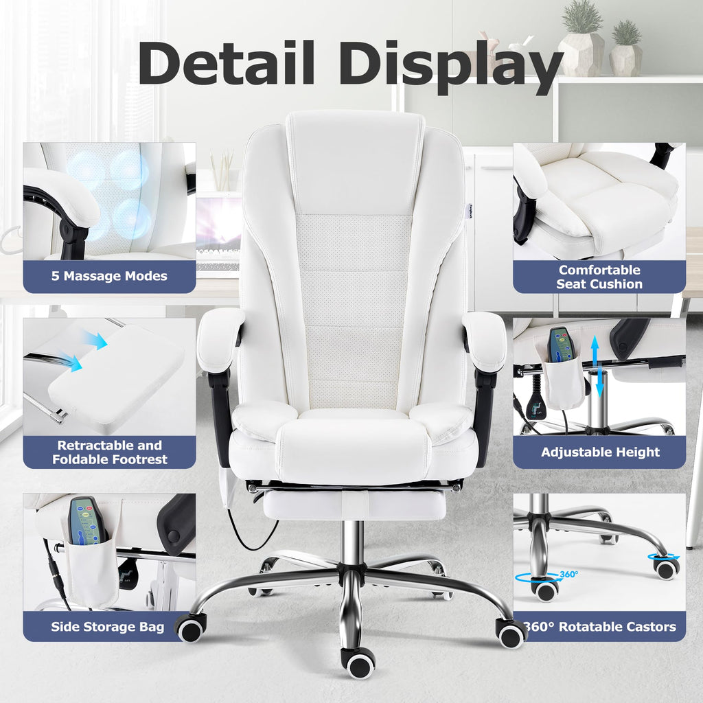 Tonghuas Massage Office Chair with Foot Rest Vibration and Heating, 90-130° Reclining Desk Chair, Ergonomic Reclining Computer Gaming Leather