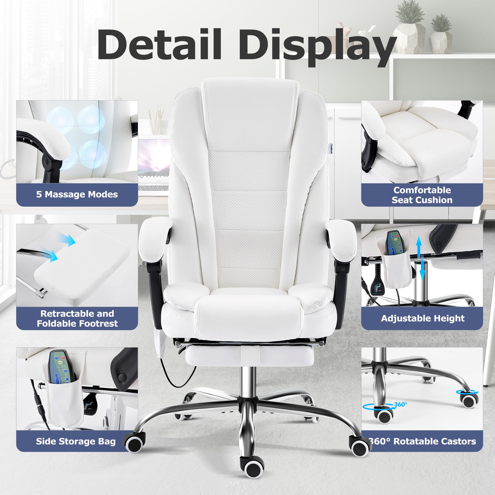Tonghuas Massage Office Chair with Foot Rest Vibration and Heating, 90-130° Reclining Desk Chair, Ergonomic Reclining Computer Gaming Leather