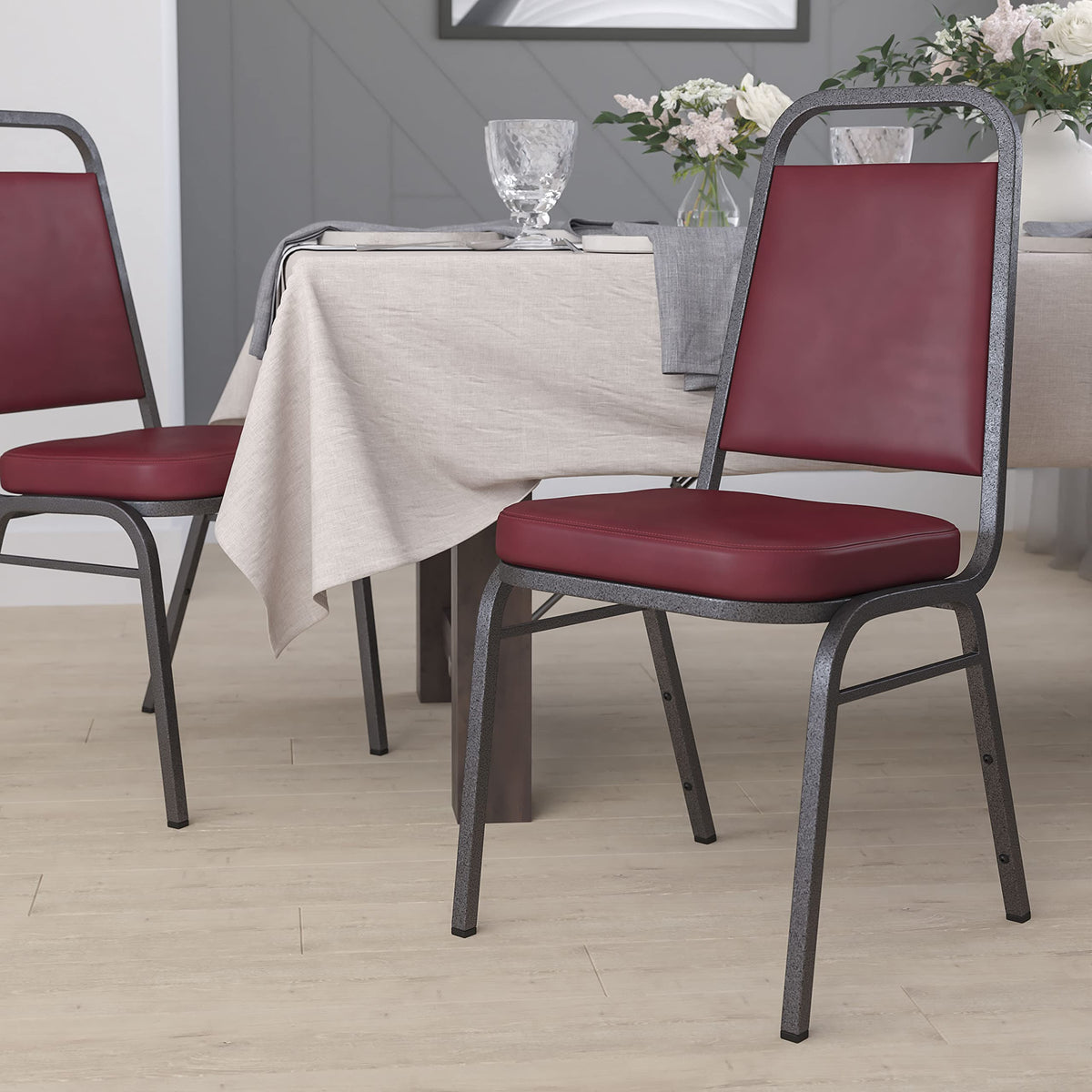Flash Furniture Hercules Trapezoidal Back Stackable Banquet Chair, Burgundy, Set of 1, Burgundy Vinyl/silver Vein Frame
