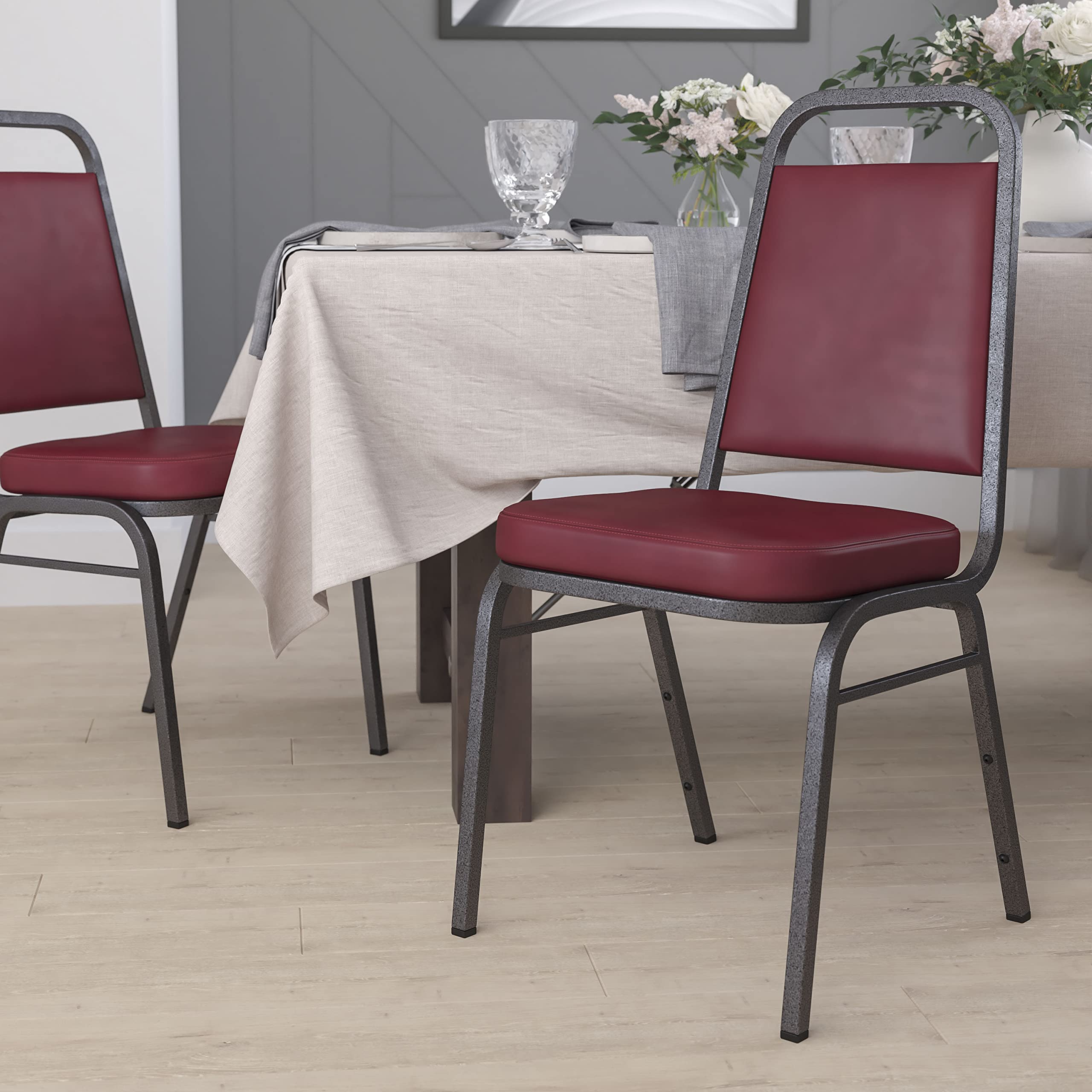 Emma + Oliver Burgundy Vinyl Trapezoidal Back Stacking Banquet Chair, 17.5"W x 20.25"D x 36"H, Burgundy Vinyl/silver Vein Frame