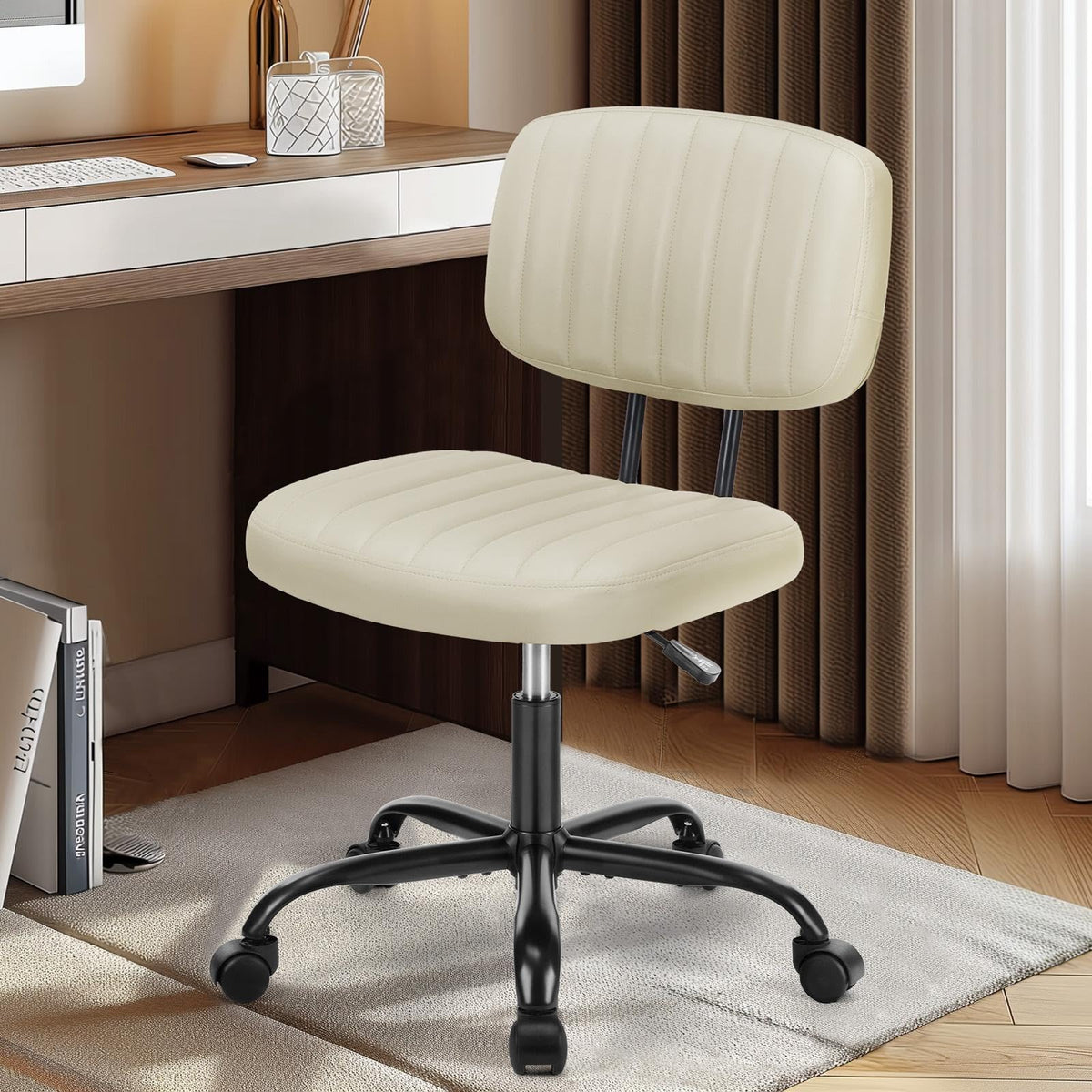 Dumos Armless Office Chair, Small Home Desk Chair, Lumbar Support, Compact, Beige