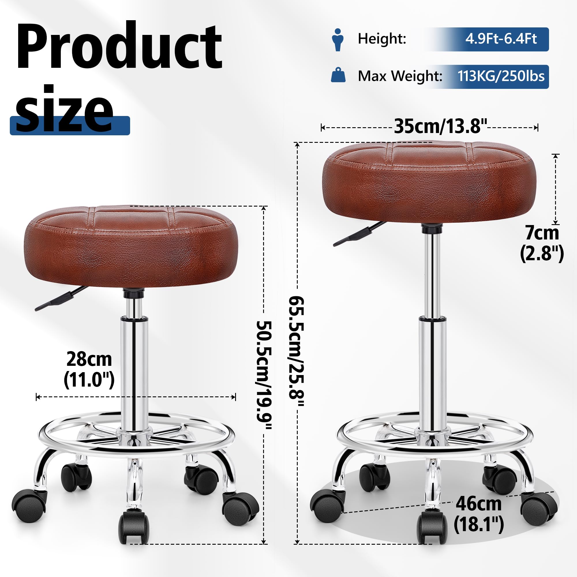 Brick Attic Pu Leather Rolling Stool with Wheels, Adjustable Swivel Stool with Footrest, 360° Rolling Stool for Tattoo, Salon, Massage,