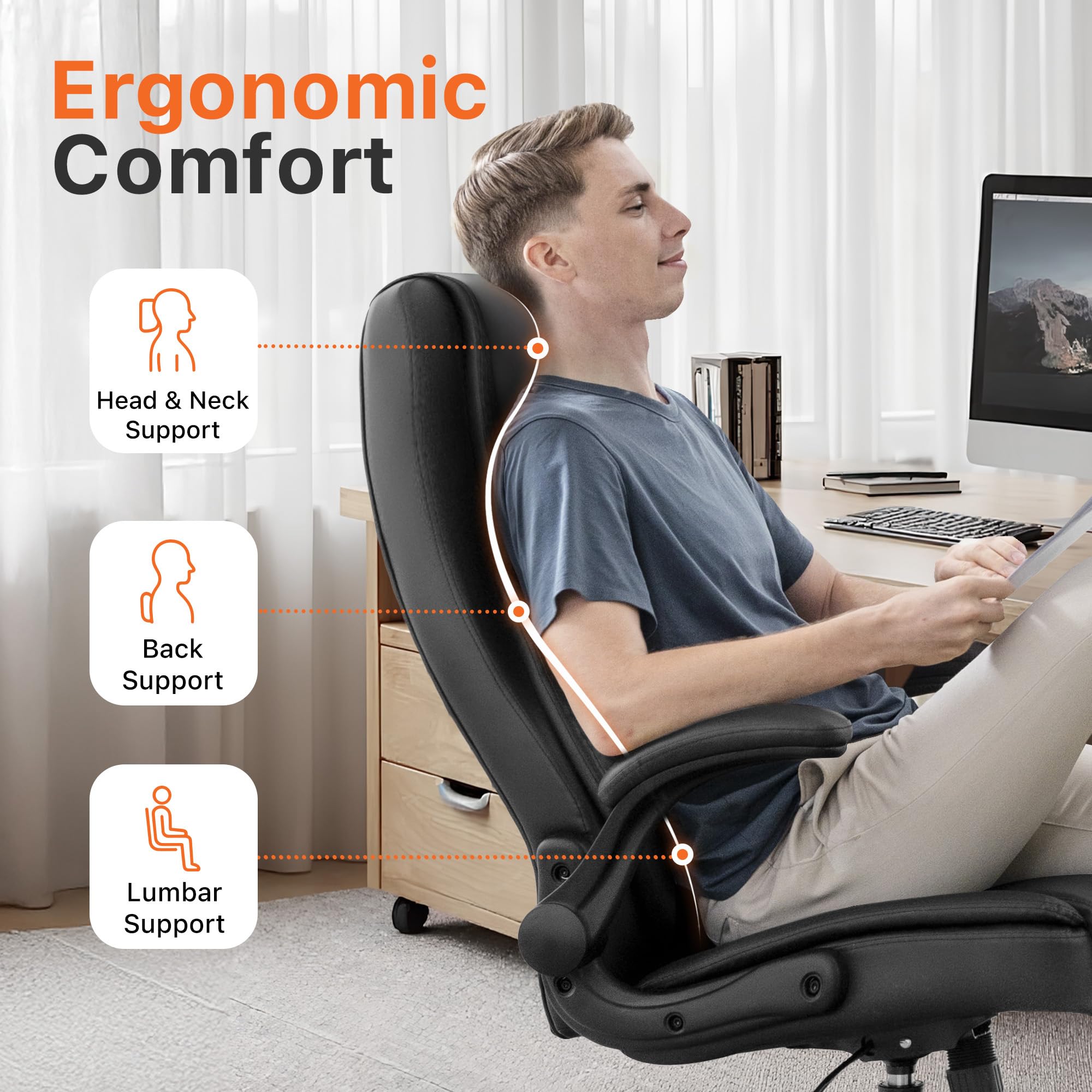Neo Chair Office Desk Chair, High Back Pu Leather with Flip-up Arms, Black, 27 inches (W) x 25 inches (D) x 46 inches (H)
