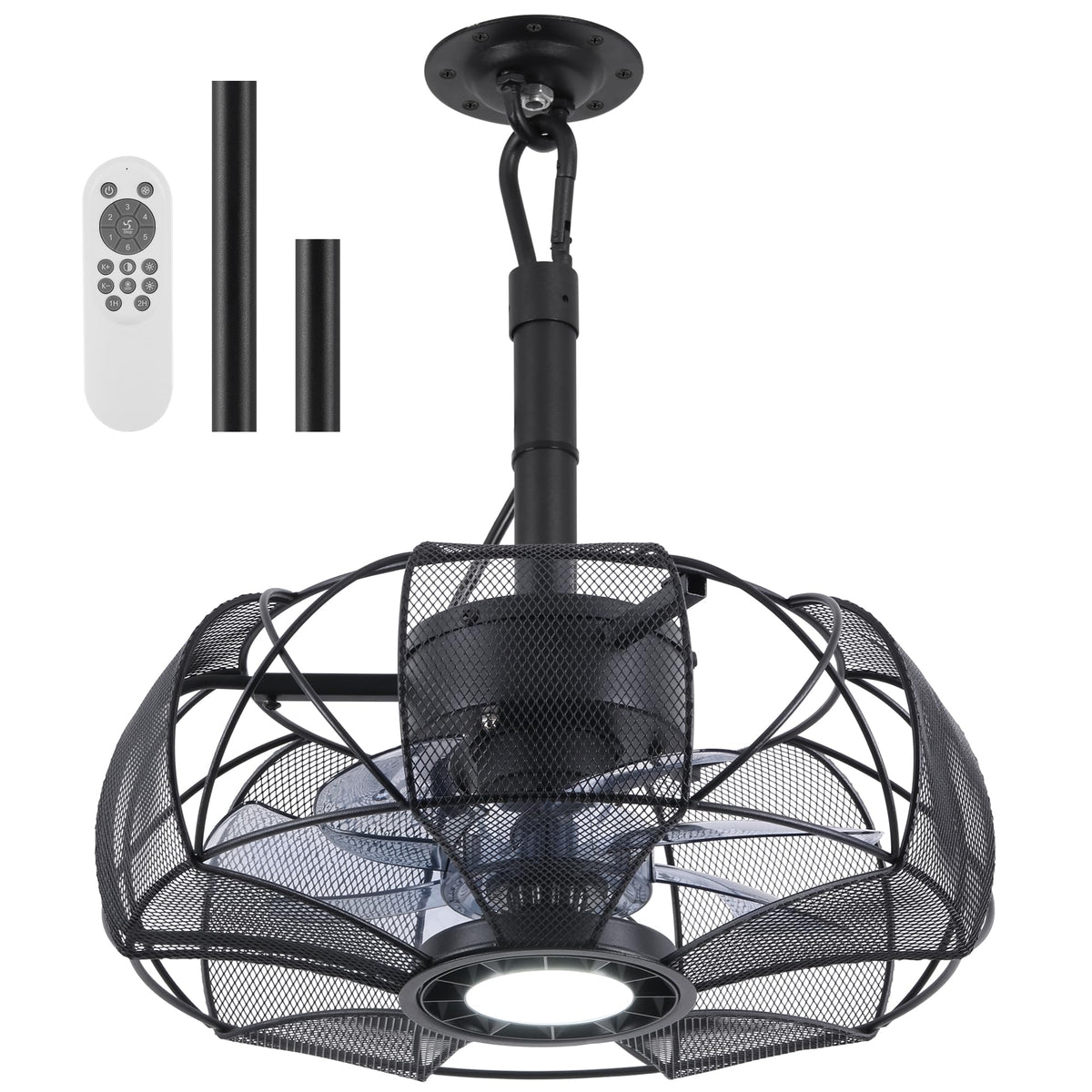 Black Caged Gazebo Fan with Dimmable LED Light, 15-Inches Portable Outdoor Ceiling Fan with Hanging Hook and Remote Smart App, Plug in Patio Fans for Outside Porch Yard Garage