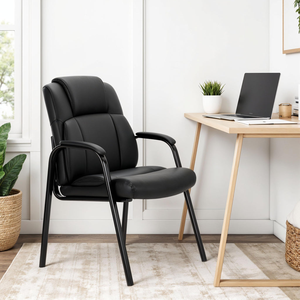 Simple Deluxe Waiting Room Leather Guest Chairs with Padded Arms, Comfy Stationary Reception Meeting Chair, Rest for Conference Side Office