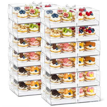 Cedilis 12 Pack Clear Cupcake Boxes, 12 Count Cupcake Containers with Gift Ribbon, Plastic Cupcake Carrier Holder for Cookies, Muffins, Bakeries