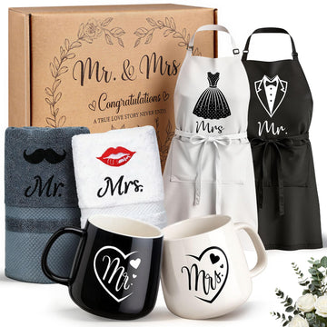 TUZELIYA Wedding Gifts for Couples, Bridal Shower Gift for Bride To Be, Engagement Gifts for Newlyweds, His and Hers Mr and Mrs Anniversary Set with Aprons, Coffee Mugs and 100% Cotton Towels
