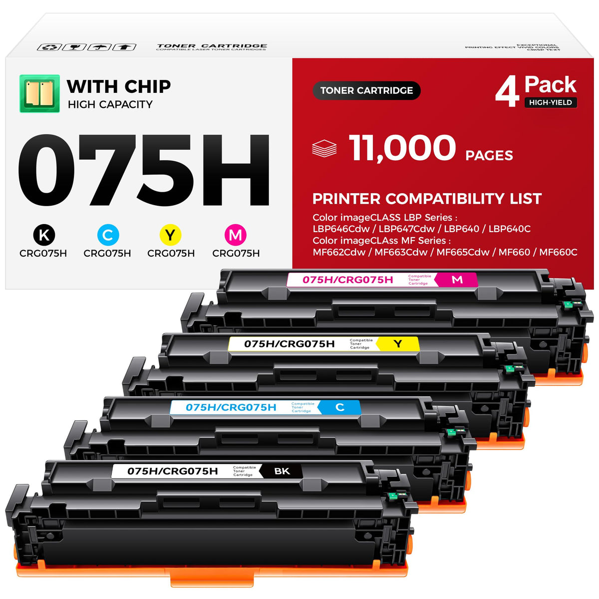075H Toner Cartridge Set 4-Pack High Yield with Chip Compatible Replacement for Canon 075 075H for Canon Color imageCLASS MF662Cdw MF663Cdw MF665Cdw LBP646Cdw LBP647Cdw LBP640 MF660 Printer Ink Black