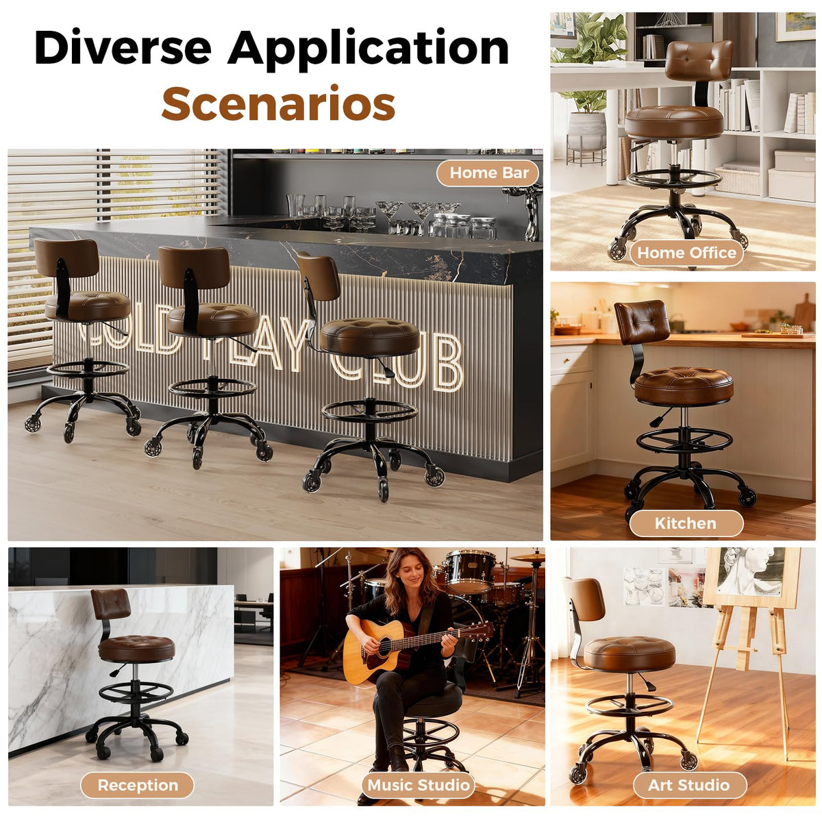 Freekyrock Office Drafting Chair with Footrest, Tall Height Adjustable Stool with Back Support, Heavy Duty Rolling Stool Chair with Wheels for