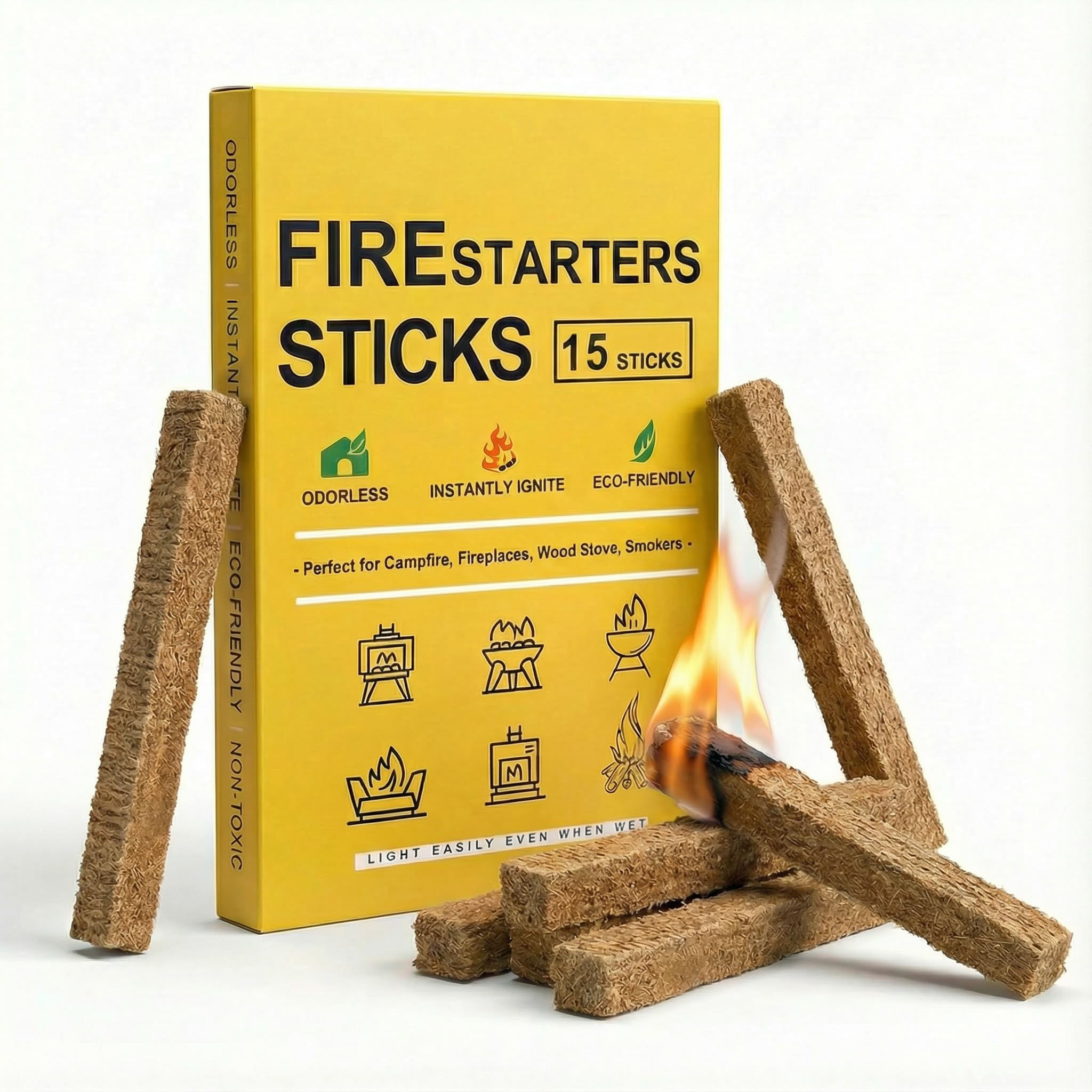 Natural Fire Starter Sticks: Quick Start Fire Starters for Grills Campfires Indoor Fireplaces Outdoor Firepit BBQ & Wood Stove - Odorless Charcoal Firestarter Cubes 15 Count