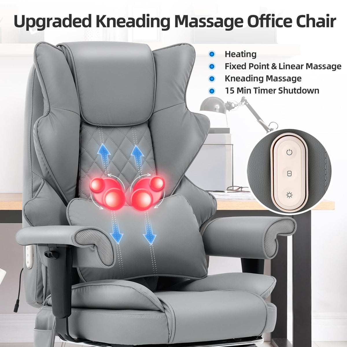 Tonghuas 3d Kneading Massage Heated Office Chair with Foot Rest, 90-135° Reclining & Adjustable Armrest Desk Chair with Lumbar Pillow,