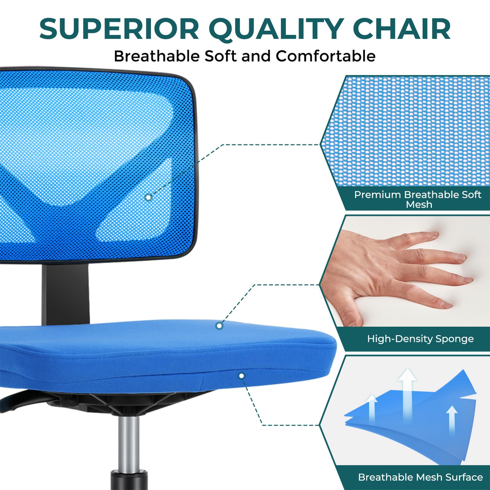 Dumos Armless Desk Chairs, Small Home Office Mesh Chairs, 1pc, Blue