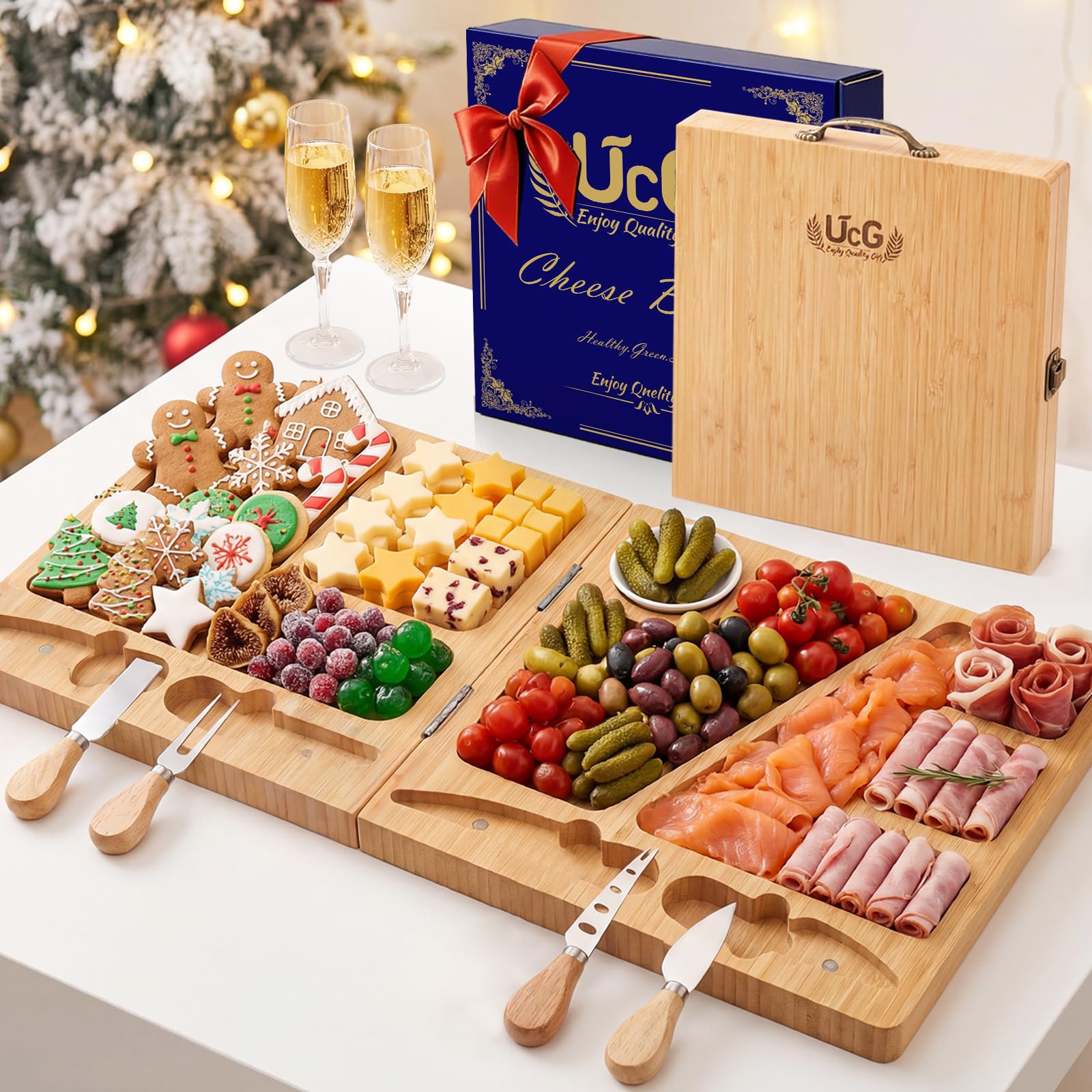 Charcuterie Board Gifts for Women: Bamboo Folding Cheese Board with Knife Set - Unique White Elephant Gift Wedding Housewarming Mothers Day Birthday Party Bridal Shower Gift