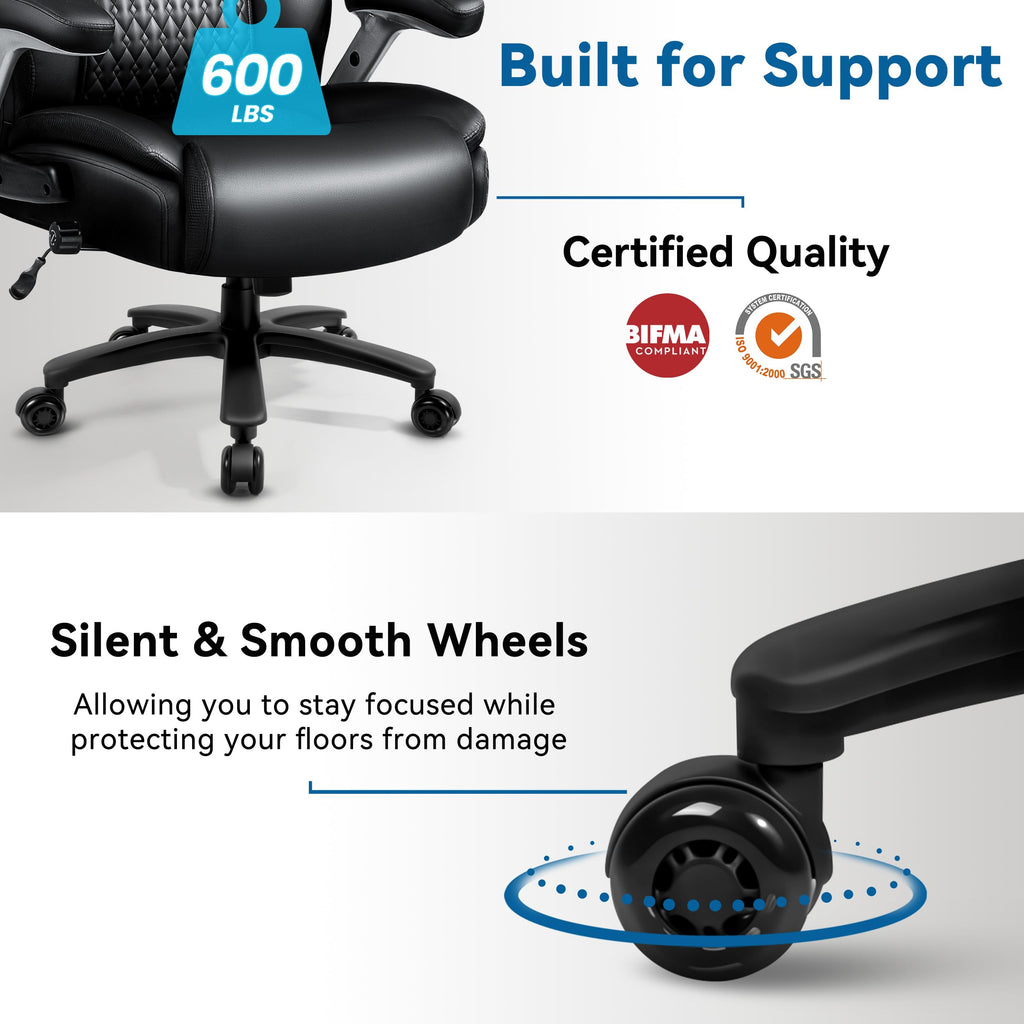 Big and Tall Office Chair 600lbs, Heavy Duty Office Chair for Heavy People, High Back Executive Office Leather Chair with Adjustable Armrests