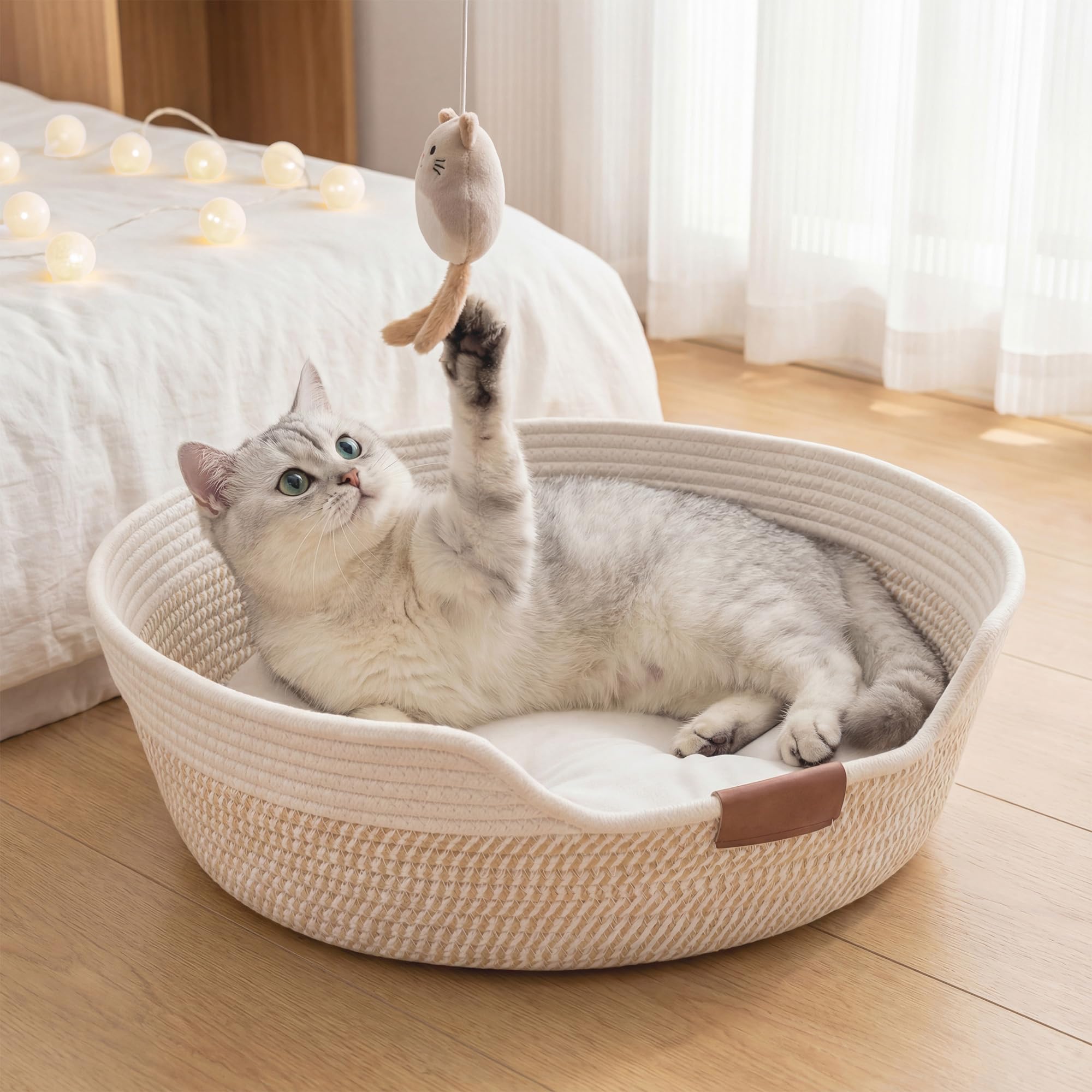 YOUDENOVA Cat Bed Basket with Removable Cushion,Stimulicat Handwoven Cat Basket,Cat Beds for Indoor Cats Couch, Kitten Bed for Medium and Large Cat, All Season Universal