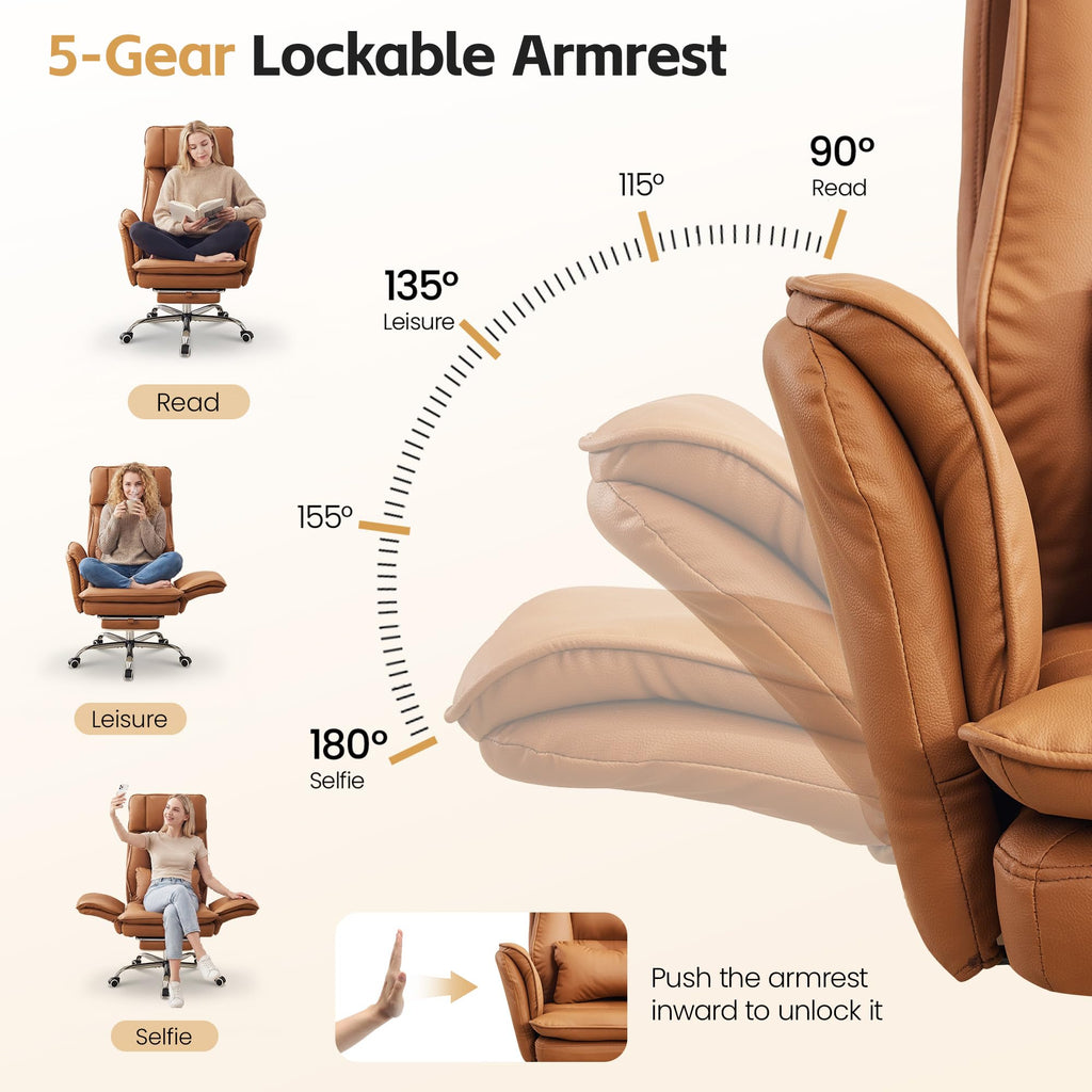 Big and Tall Office Chair, Footrest & Flip Armrest for Pets, Pu Brown, PU Leather