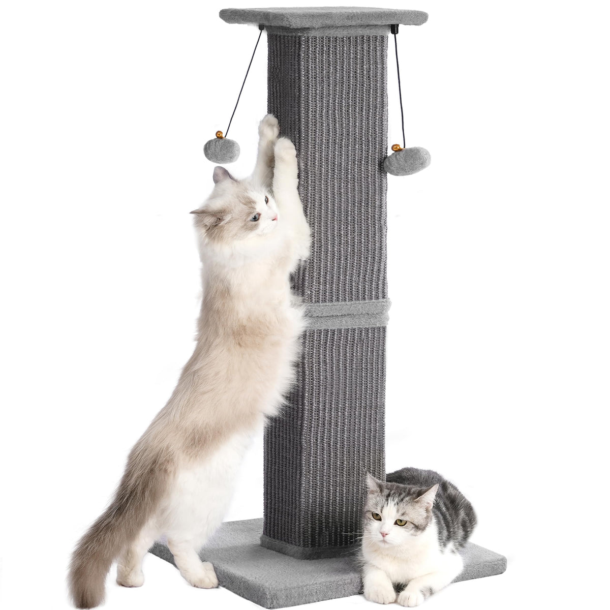 Large Cat Scratching Post with Heavy Duty Base 33" Sturdy Tall Sisal Scracher Post and 2 Interactive Hanging Balls for Big Cats-Grey