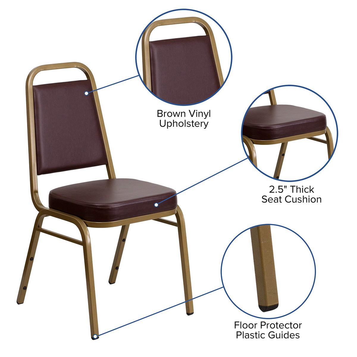 Flash Furniture Hercules Series Trapezoidal Back Stacking Banquet Chair in Brown Vinyl - Gold Frame, Set of 1, Brown Vinyl/gold Frame