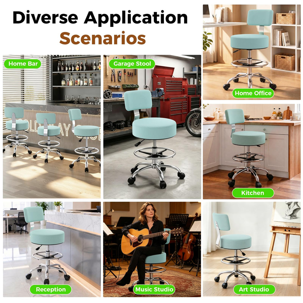 Office Drafting Chair with Footrest, Tall Height Adjustable Stool with Back Support, Heavy Duty Rolling Stool Chair with Wheels for Office Home