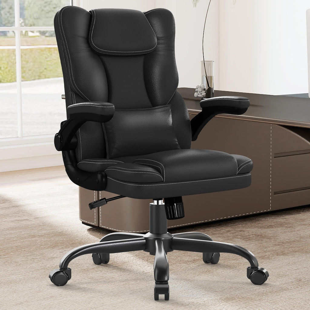Ergonomic Office Chair with Flip-up Armrests, Mid Back Executive Pu Leather Desk Chair, Height Adjustable with Lumbar Support, Rocking & Swivel