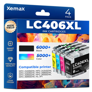 LC406XL Ink Cartridges 4 Pack (21000 Pages) Compatible with MFC-J4335DW for Brother LC406XL LC406 Ink Work for MFC-J4335DW, MFC-J4345DW, MFC-J4535DW, MFC-J5855DW, MFC-J5955DW, MFC-J6555DW, MFC-J6955DW