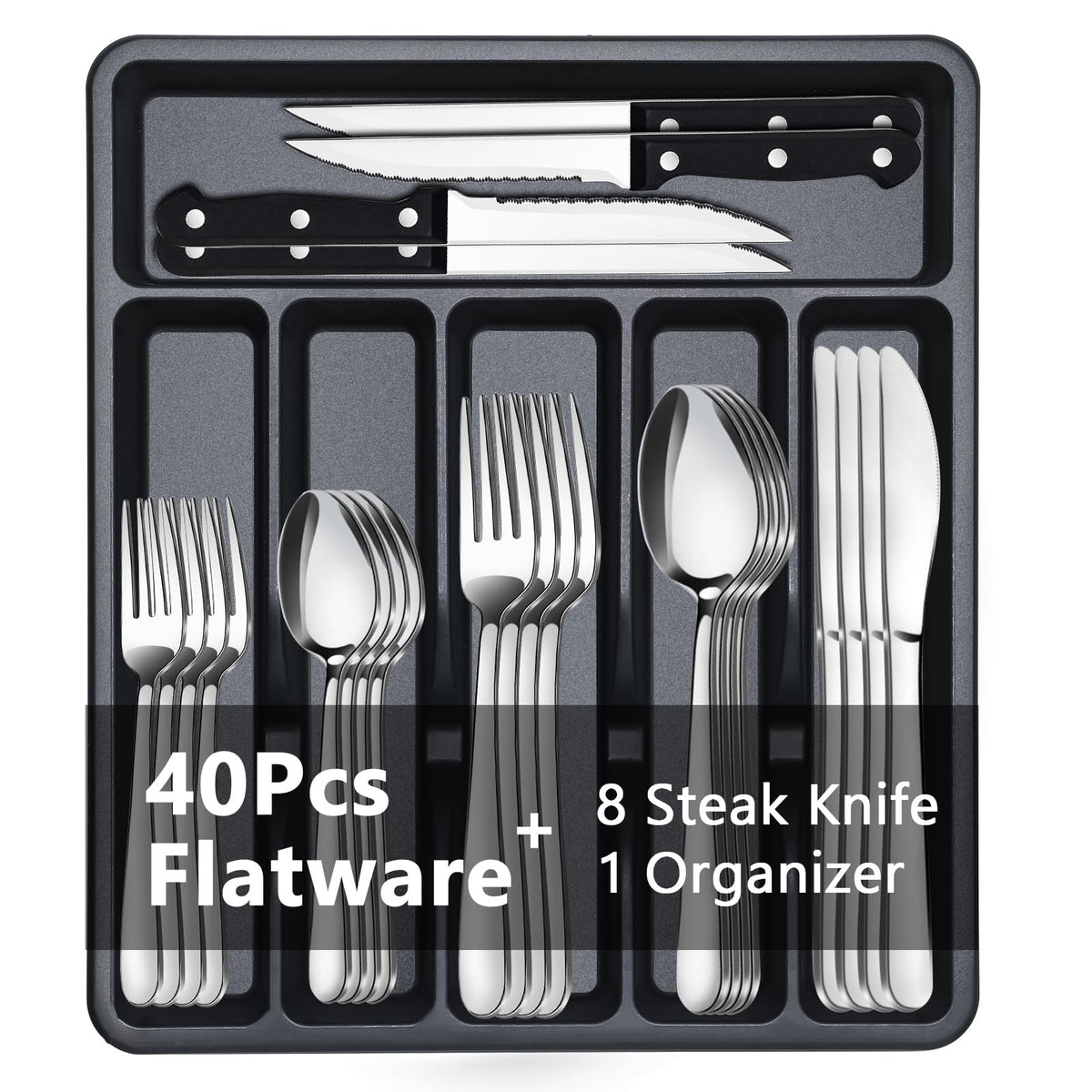 BEWOS 49 PCS Silverware Set - Stainless Steel Silverware Set with Organizer for 8, Flatware Set Included Steak Knives and Drawer Organizer, Mirror Polished, Dishwasher Safe