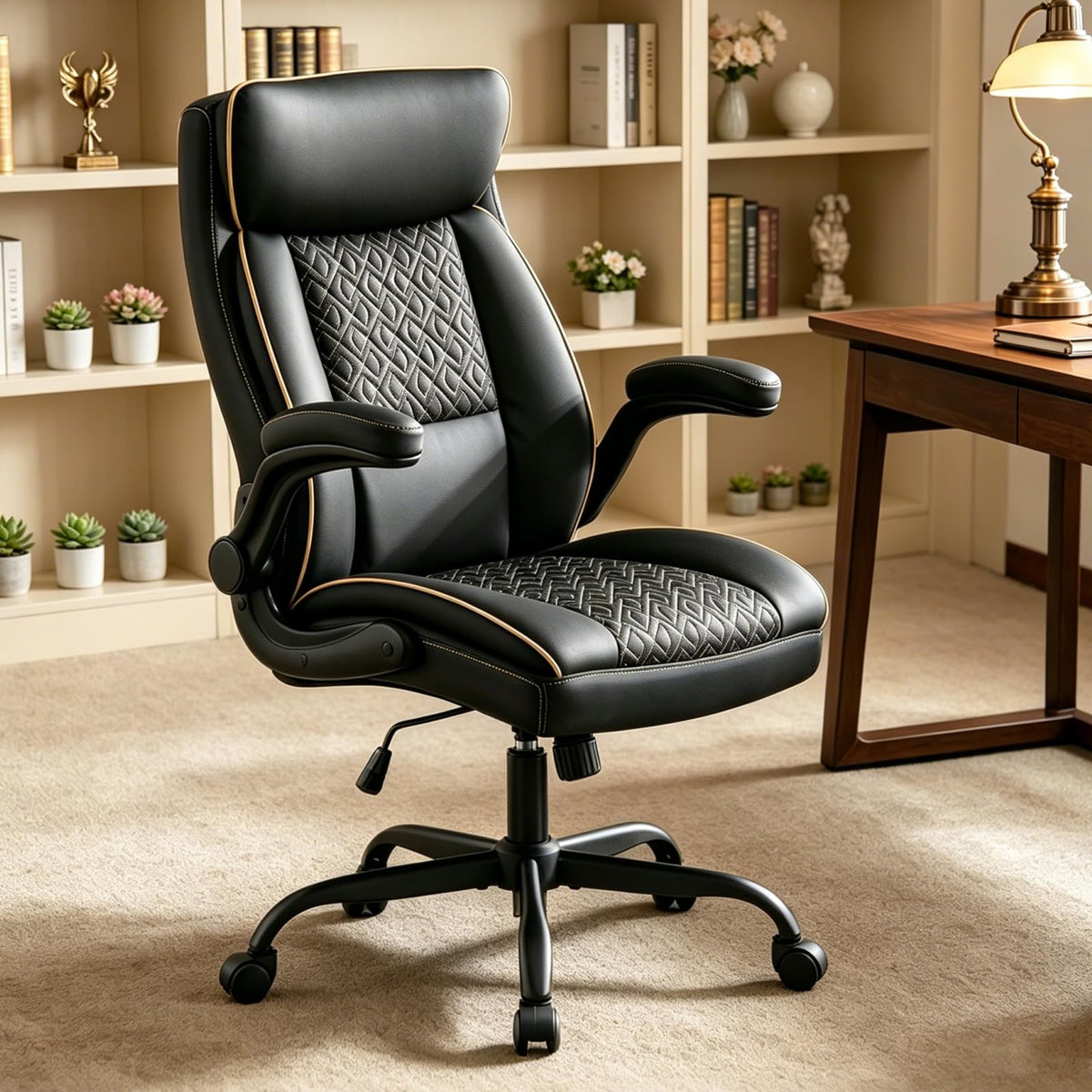 Furnistyle Leather Executive Office Chair, Computer Desk Chair with Lumbar Support, Comfortable Home Office Chairs 400lbs with Padded Flip-up