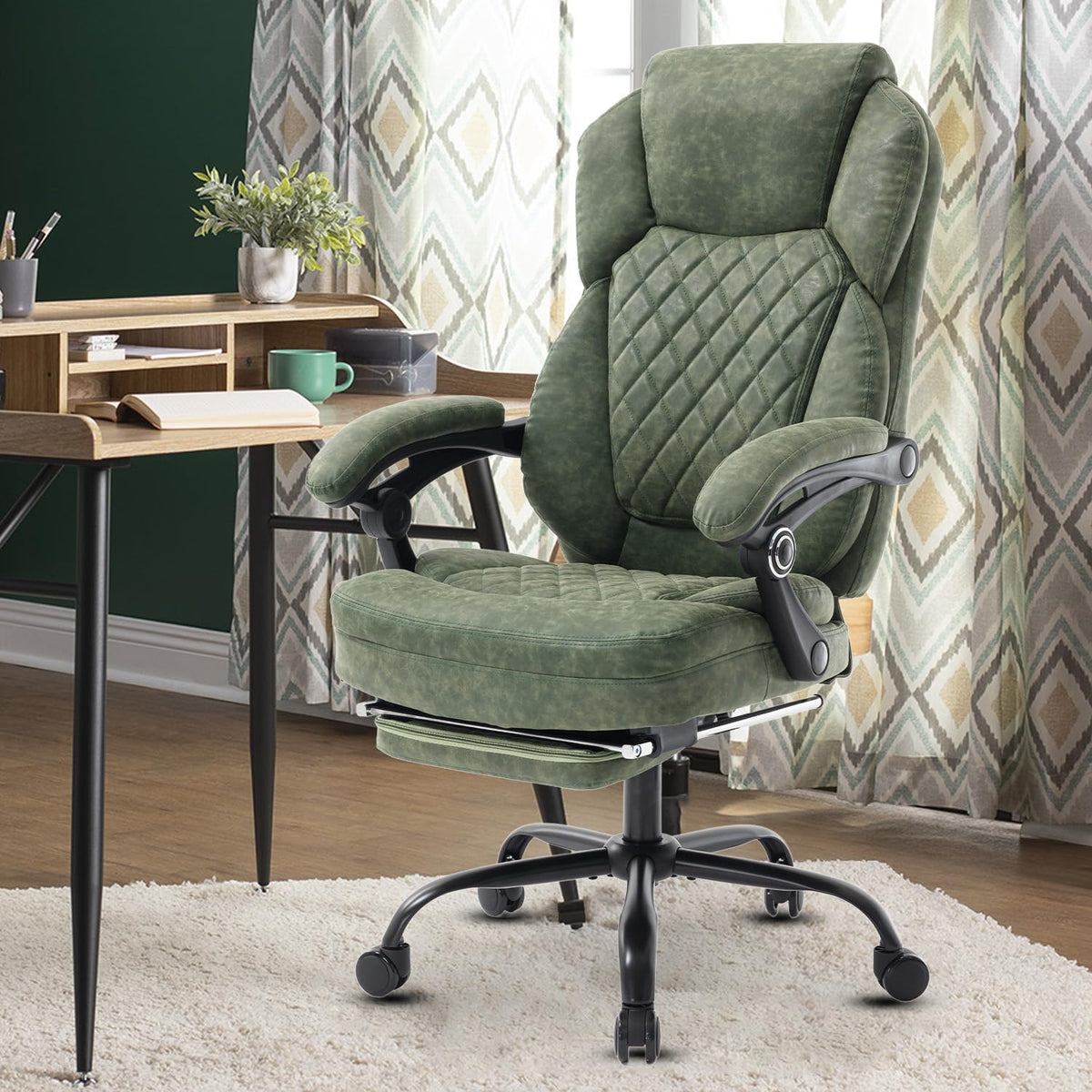 Linting Plus Size Leather Recliner Office Desk Chair with Leg Rest Green, Large(400lbs), Dark Green