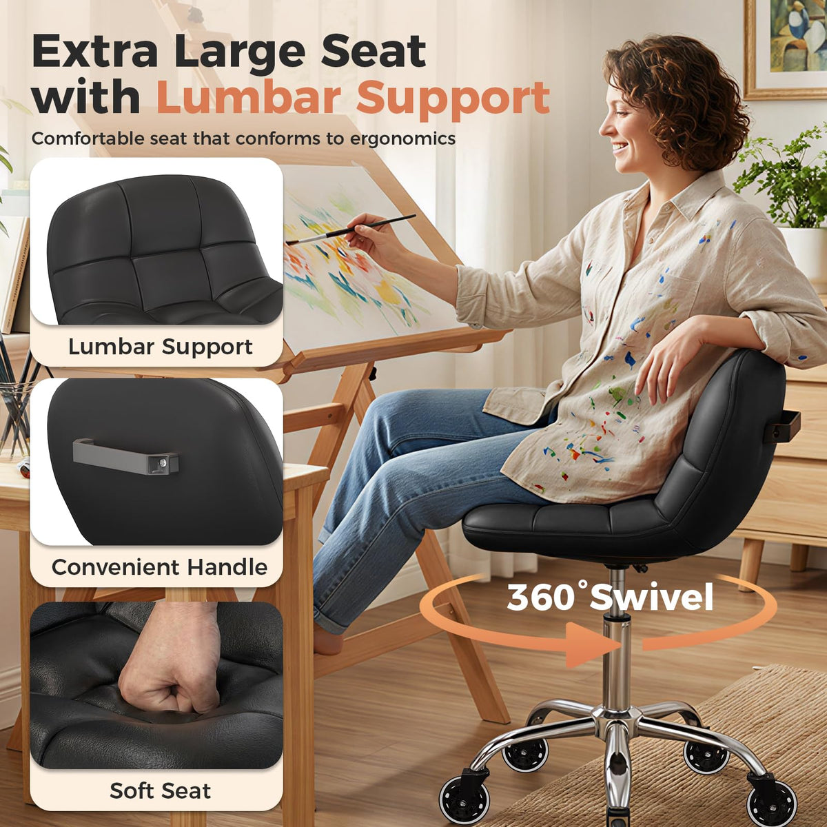 Rolling Stool Chair with Wheels, Height Adjustable Stool with Back Support, Office Drafting Chair with Pu Leather Cushion for Home Office