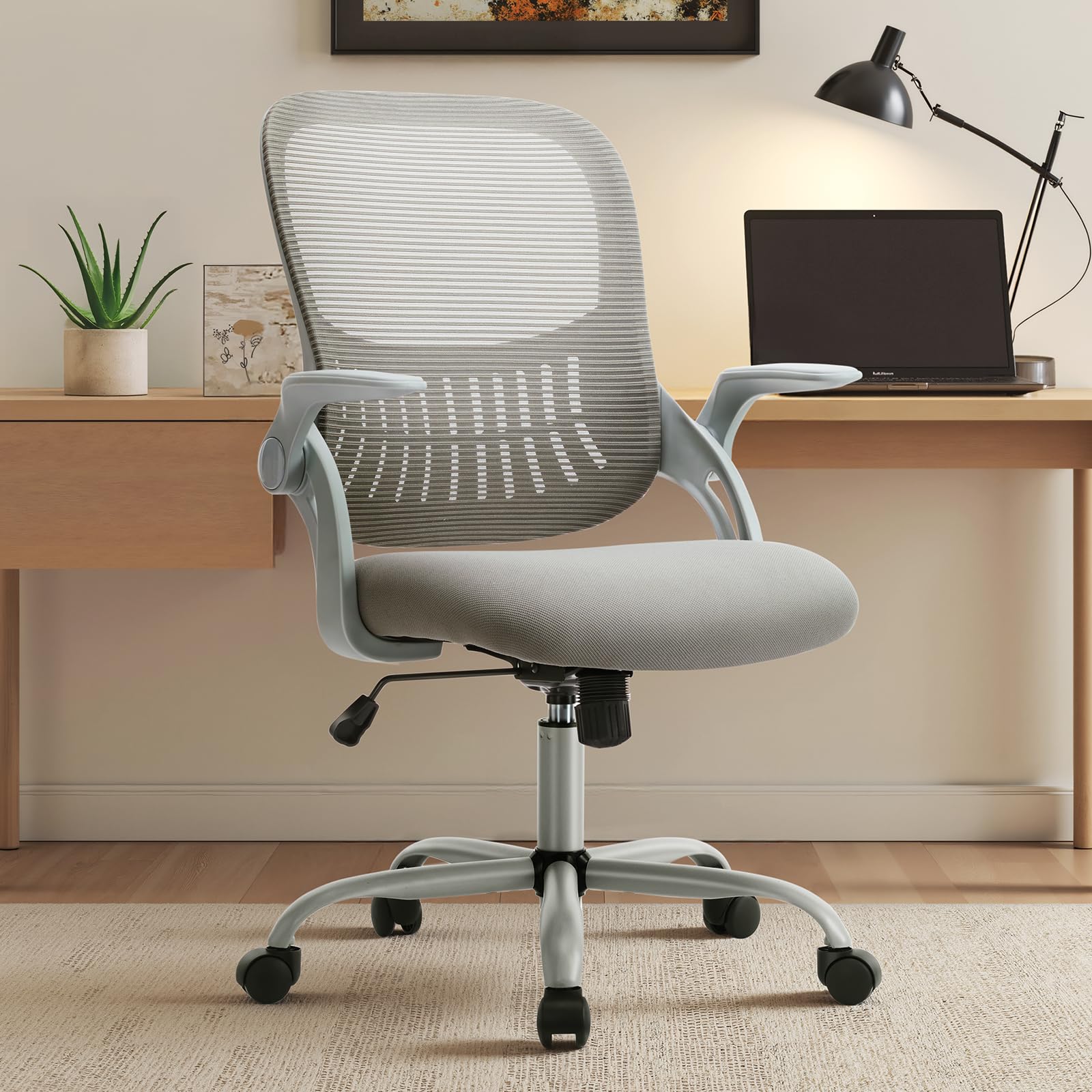 Sweetcrispy Home Office Chair, Mesh Office Chair, Lumbar Support, Grey, 18.5"D&Flip-up Arms-Plus