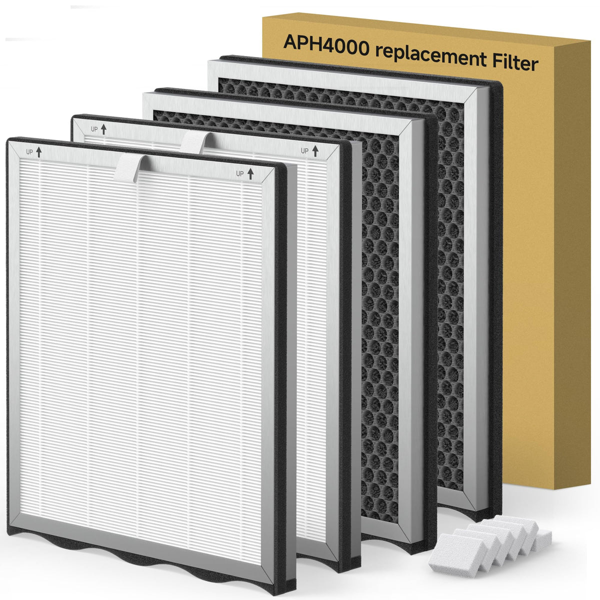 4 Packs Upgraded APH4000 Replacement Filter Compatible with KNKA APH4000 Air Purifier, 2-in-1 Main Filter and Activated Carbon Filters with Extra 6 Aroma Pads