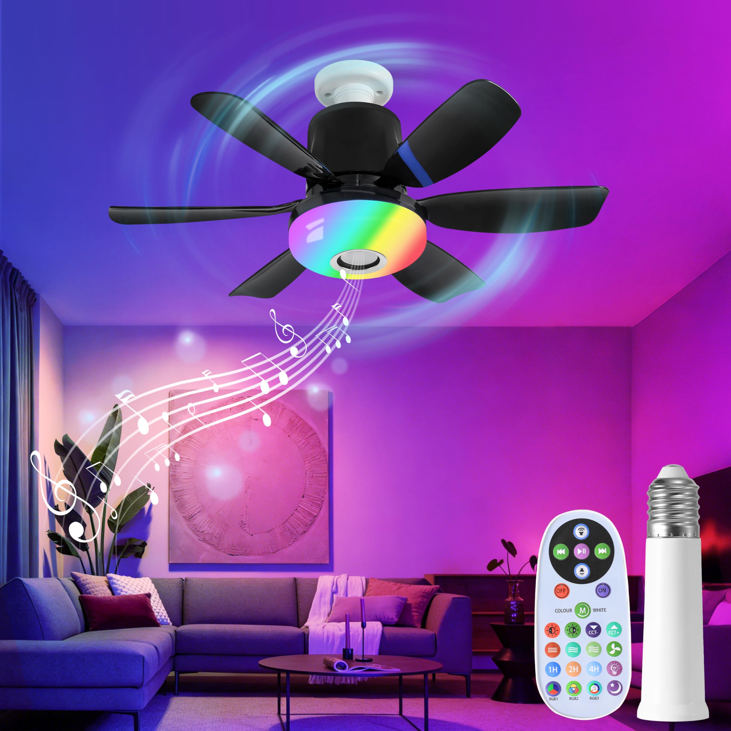 Black Socket Fan Light with Remote, Ceiling Fan with Bluetooth Speaker, RGB Lights, 3 Color Lights, 3 Fan Speeds, Socket Extender, Small Ceiling Fans with Lights for Bedroom?Living Room , E27 Base