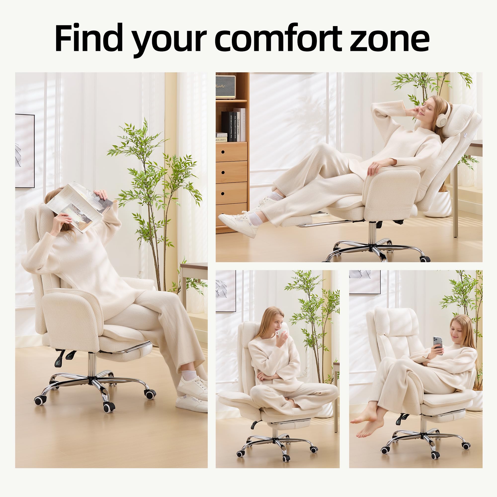 Big and Tall Cross Legged Office Chair with Flip Armrests and Foot Rest, oversized, Off-white