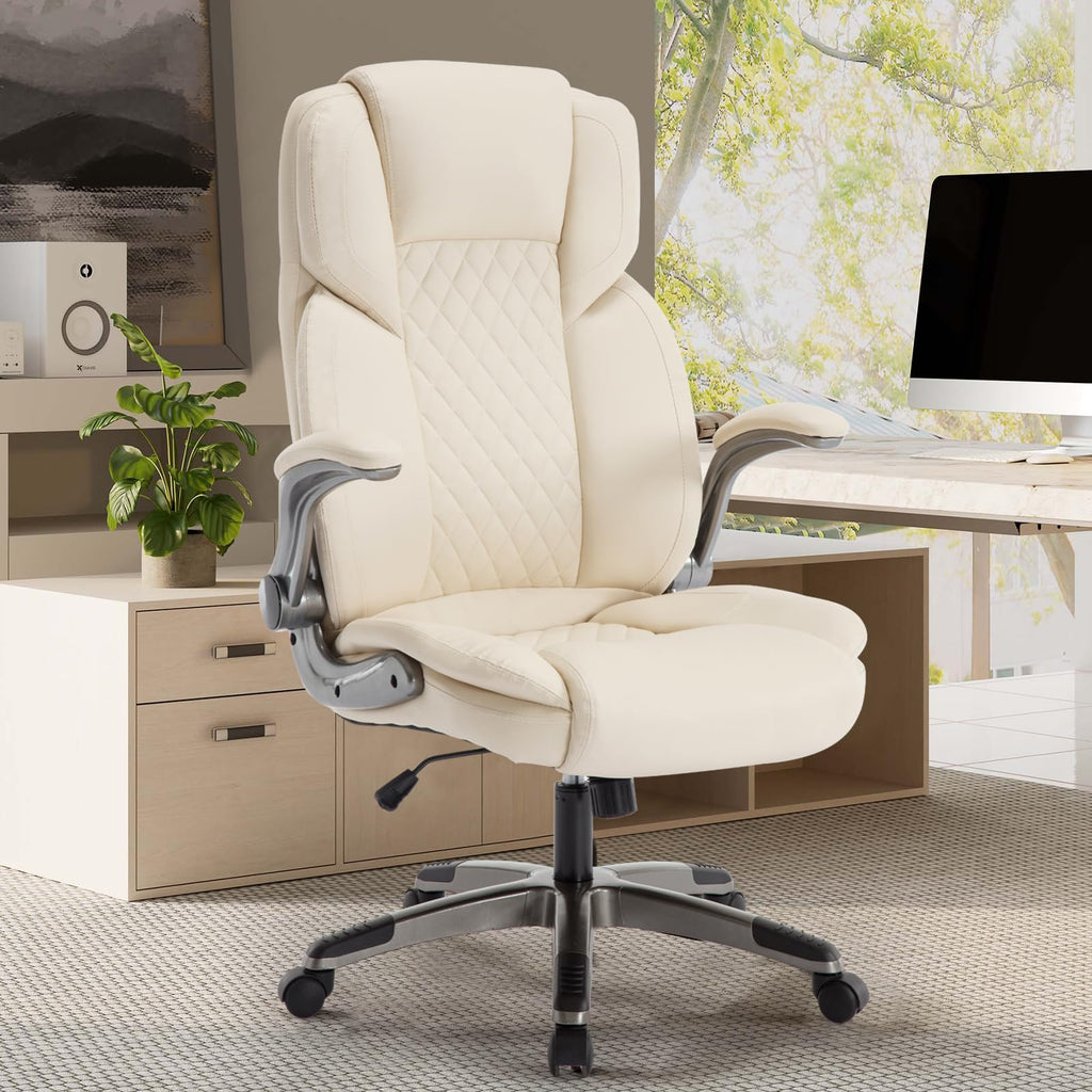 Reficcer Leather Executive Office Chair with Flip Up Arms, White, 22.83 in x 30.7 in x 13.77 in, Cream White