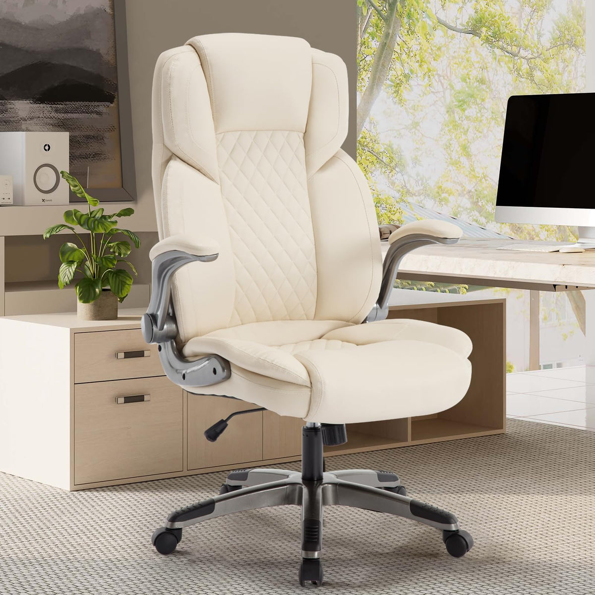 Reficcer Leather Executive Office Chair with Flip Up Arms, White, 22.83 in x 30.7 in x 13.77 in, Cream White