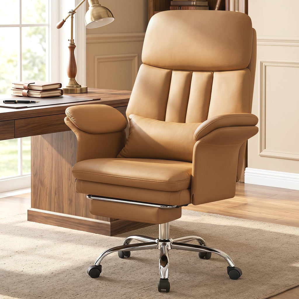 Executive Leather Office Chair with Footrest - High Back Ergonomic Desk Chair, Comfortable Lumbar Support, Soft Armrests, Adjustable Height