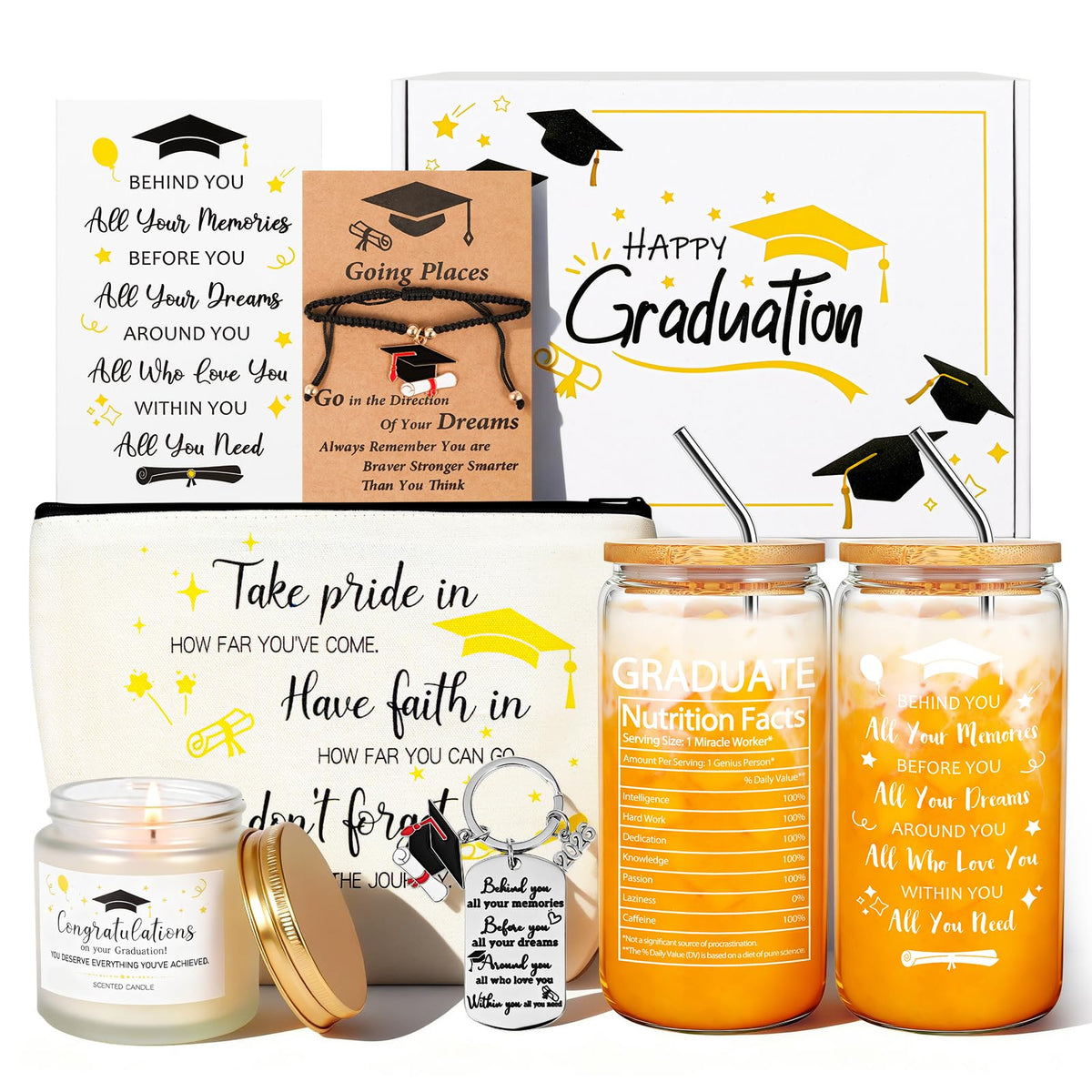 Graduation Gifts for Women Her 2026, Graduation Gift Box Set, College High School Graduation Present College Master Doctor Include 16OZ Glass Cup & Handheld Sail Bag & Bracelet (White)