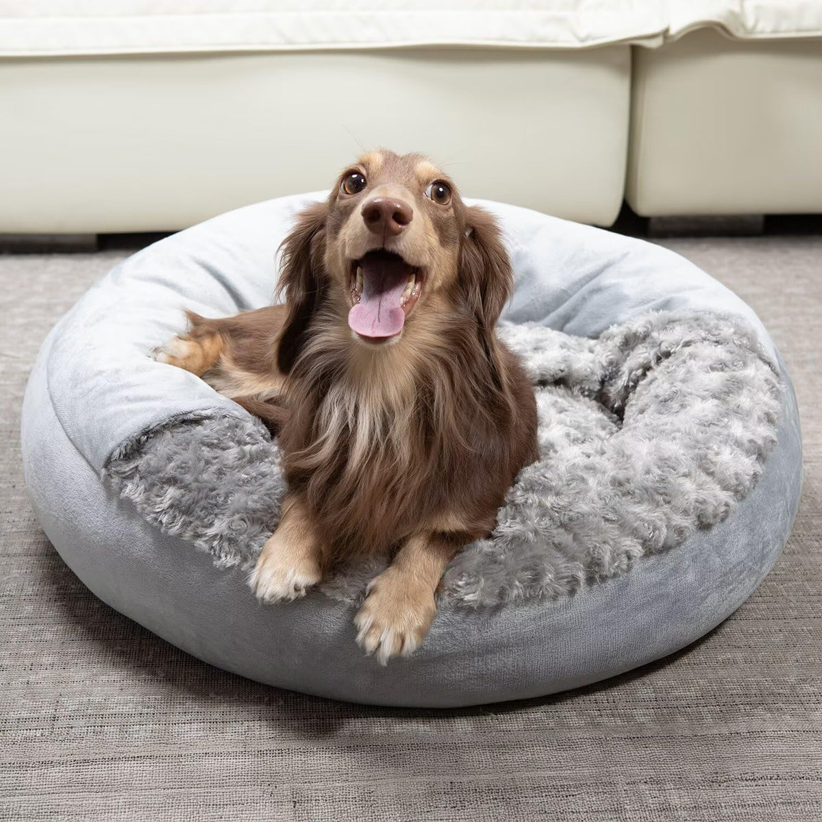 Cave Dog Bed with Blanket Easy to Assemble Donut Round Plush Cozy Cat Pet Bed for Puppy Machine Washable Removable Cover Cat Anti-Slip Bottom Gray 26X26X8 inch