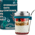 Overnight Oats Jar with Spoon & Stainless Steel Lid - 16oz Leakproof Glass Oatmeal Container for Meal Prep & Yogurt - Easy to Clean Breakfast Cup with Measurement Markings On-the-Go - 1 Pack